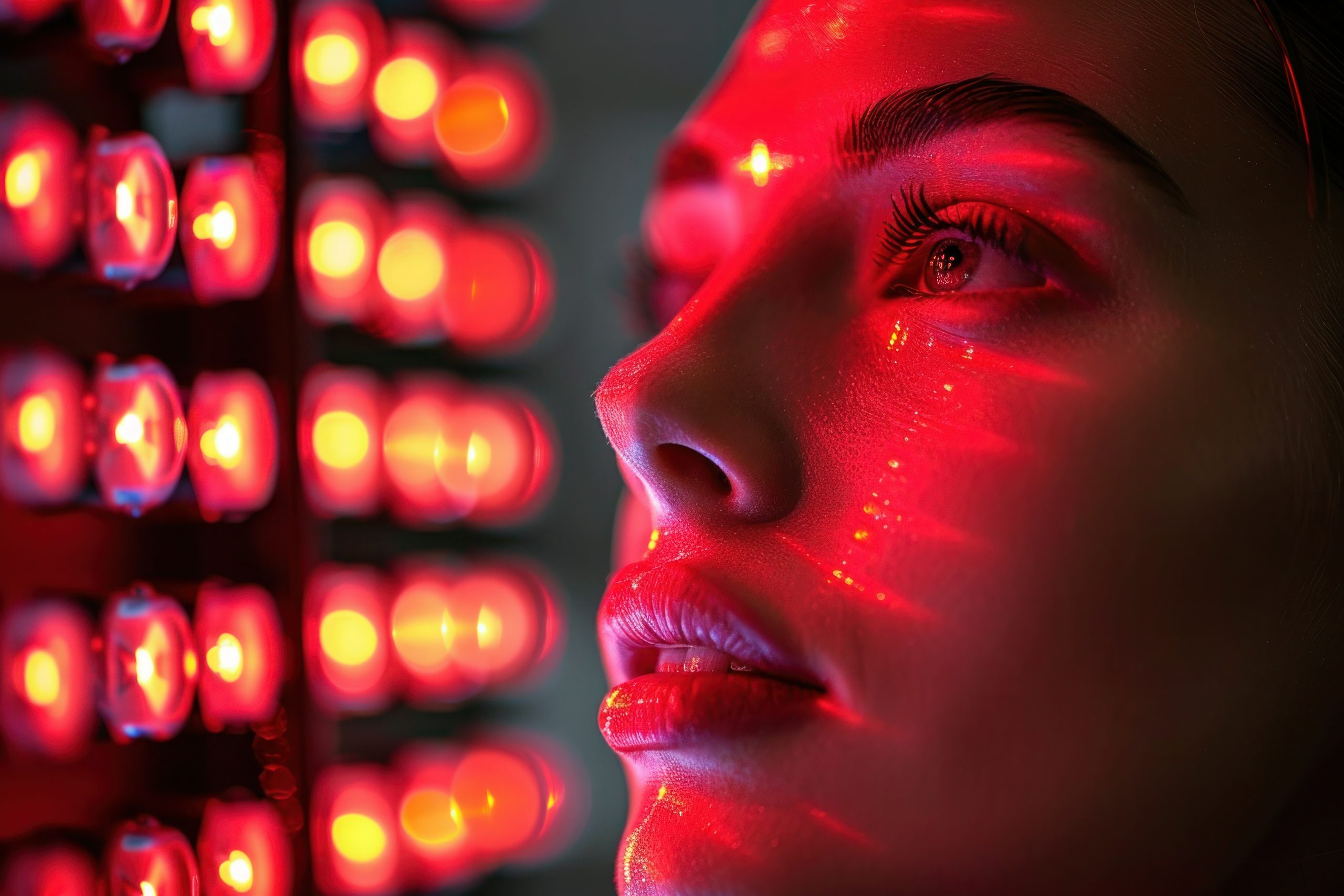 A woman with red light casting shadows on her face, highlighting her features in a bold manner.