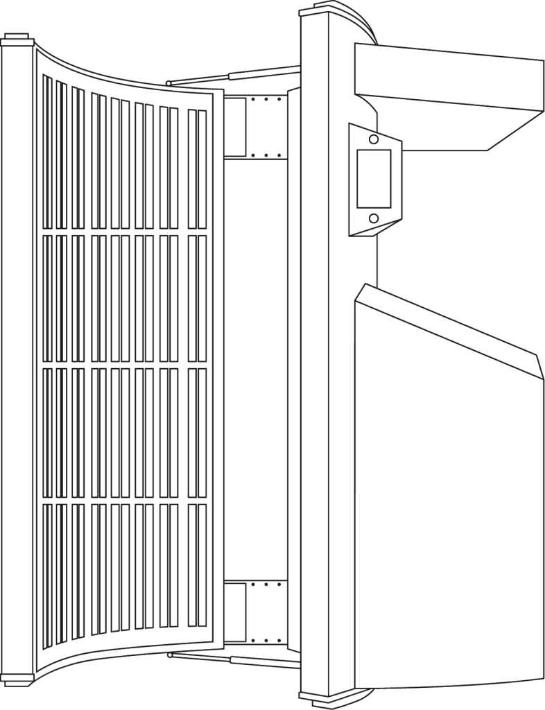 A monochrome drawing of a large open door adjacent to a vertical XEN machine.