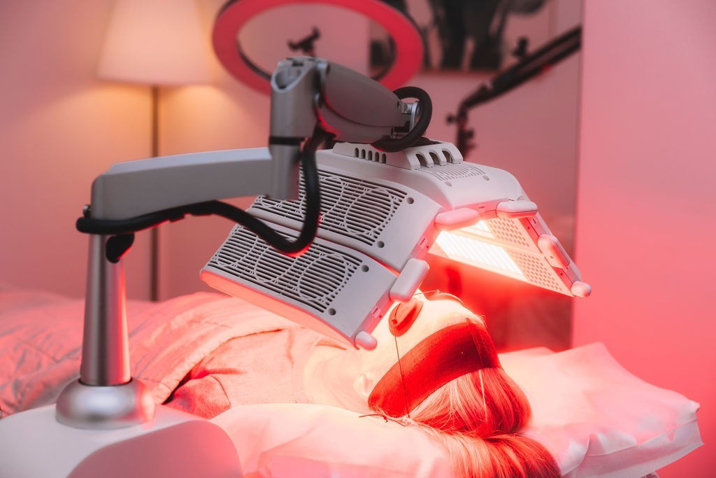 A woman receiving treatment under Xen LED Light Therapy