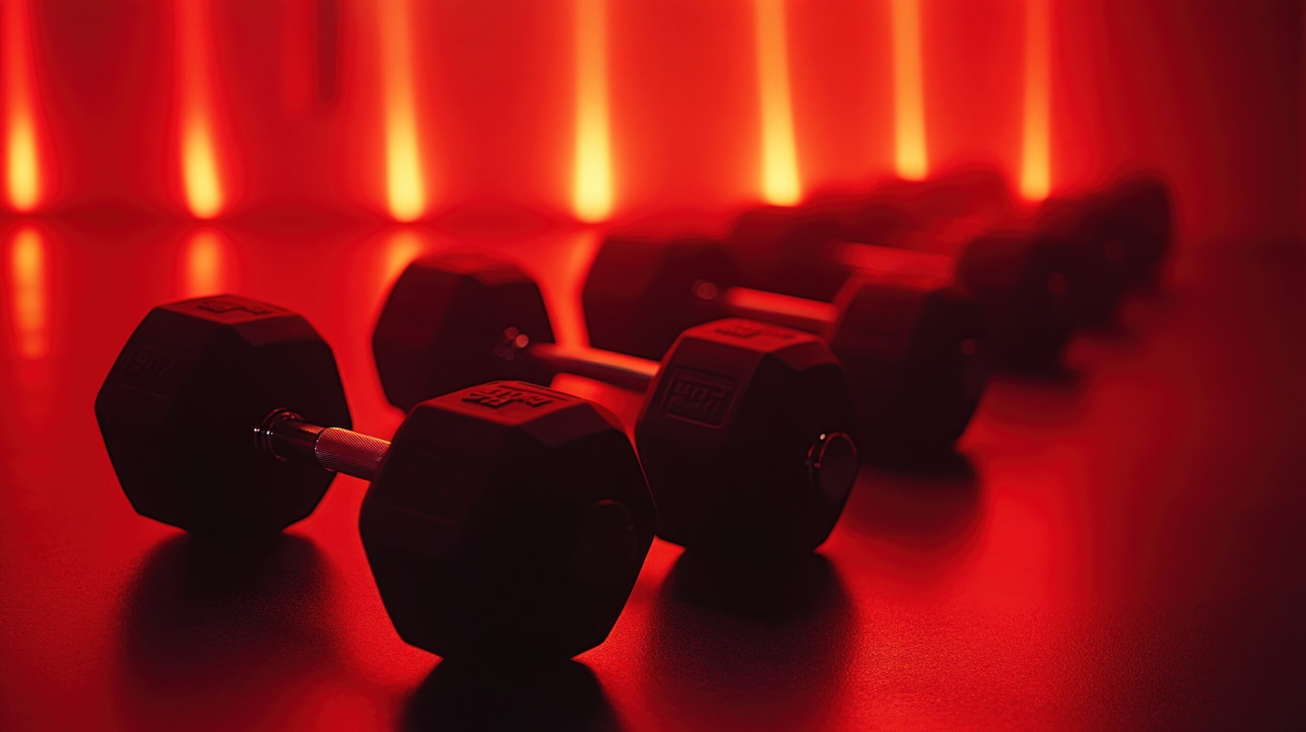 Dumbbells illuminated by red light, creating a dramatic and intense atmosphere.